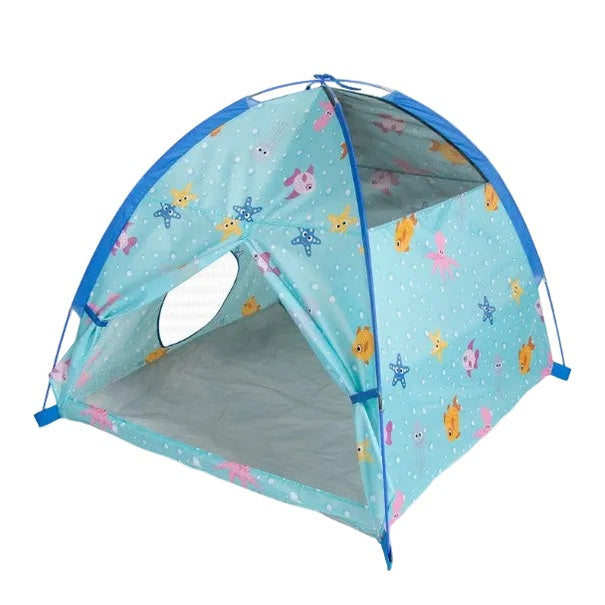 A light blue pop-up children's tent with a playful cartoon animal print, shown on a white textured background.